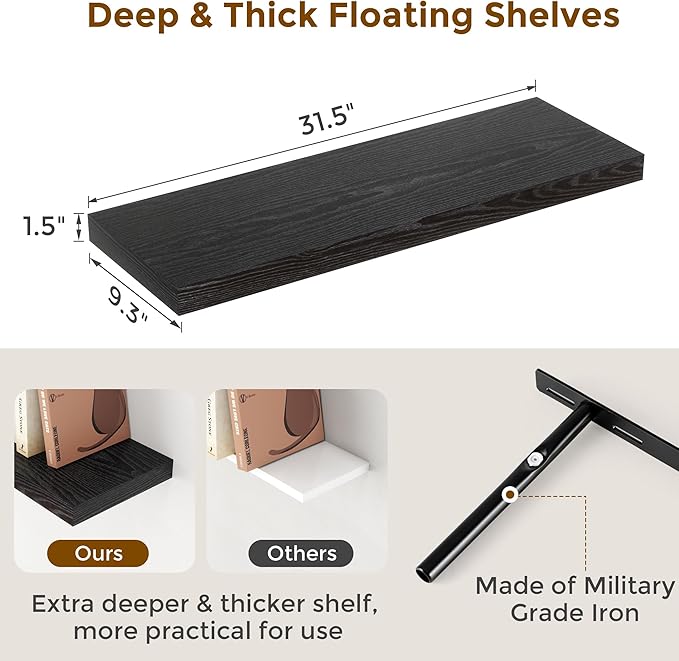 Fun Memories Black Floating Shelves 32 Inch Long, Rustic Wood Wall Mounted Floating Shelf for Bathroom, Bedroom, Kitchen, 9.3 Inch Deep Wall Shelves Invisible Brackets for Books|Storage|Decor
