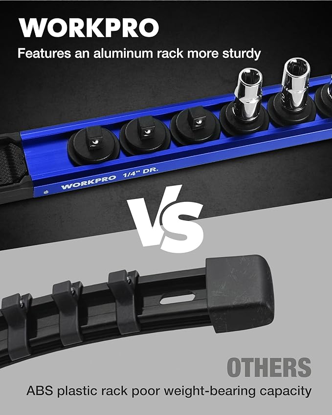 WORKPRO Magnetic Socket Organizer Set, 1/2" 3/8" 1/4" Drive Aluminum Alloy Socket Holder, 3PC Socket Rail with Removable Socket Clips, Socket Organizer Tray for Tool Box Drawer (Sockets Not Included)
