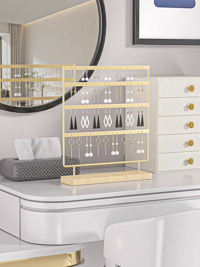 Earring Holder Organizer,Pierced Large Earrings Display Stand For Selling,Small Stud Earring Organizer Rack,Hoop Earring Storage Hanger Tree (Golden, 4 tier)