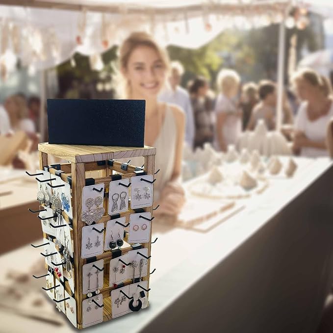 Wooden rotating Jewelry Display Stand with Removable 48 Hooks advertising board, For Earring Cards necklace bracelet Keychain Jewelry Organizer For Selling For vendor events (brown)