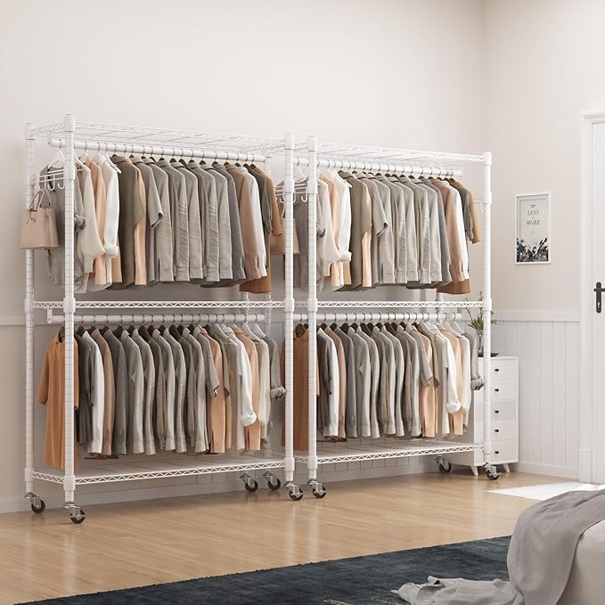 BATHWA Heavy Duty Garment Rack on Wheels, Rolling Clothes Racks for hanging clothes, Modern Closet Wardrobe Clothing Rack with 8 Side Hangers, White