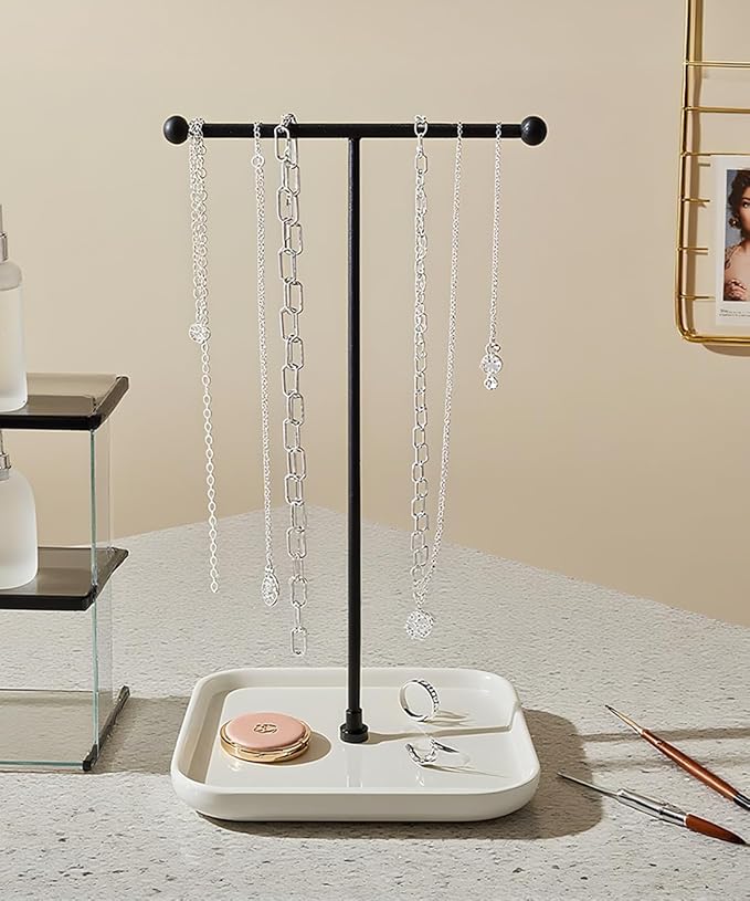 VROOMIUM Necklace Holder- Ceramic Base 1ft Height Jewelry Organizer Stand, Aesthetic Jewelry Hanger Display for Necklaces, Bracelets, Rings, Exhibidor de Collares-Minimalist White