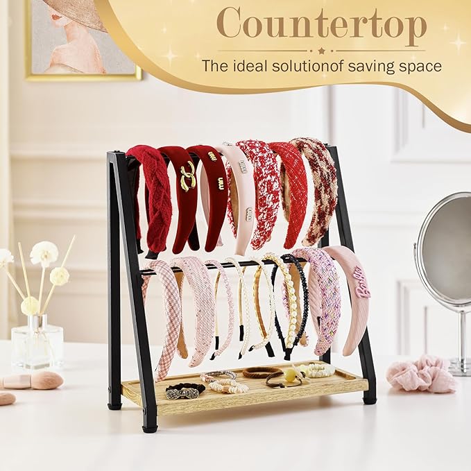 Headband Holder Organizer Metal 2-Tier Display Stand for Selling, Home Bedroom Headband Storage for Girls Women, Headband Stand Wood Base Can Store Hair Ties, Black
