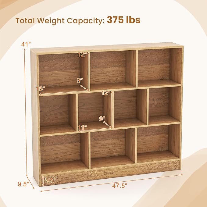 Giantex 10 Cube Bookcase, 4-Tier Freestanding Bookshelf w/ 10 Open Compartments, 2 Anti-Tipping Kits, Modern Display Cabinet, 41" Wood Cubby Storage Organizer for Living Room, Bedroom, Natural