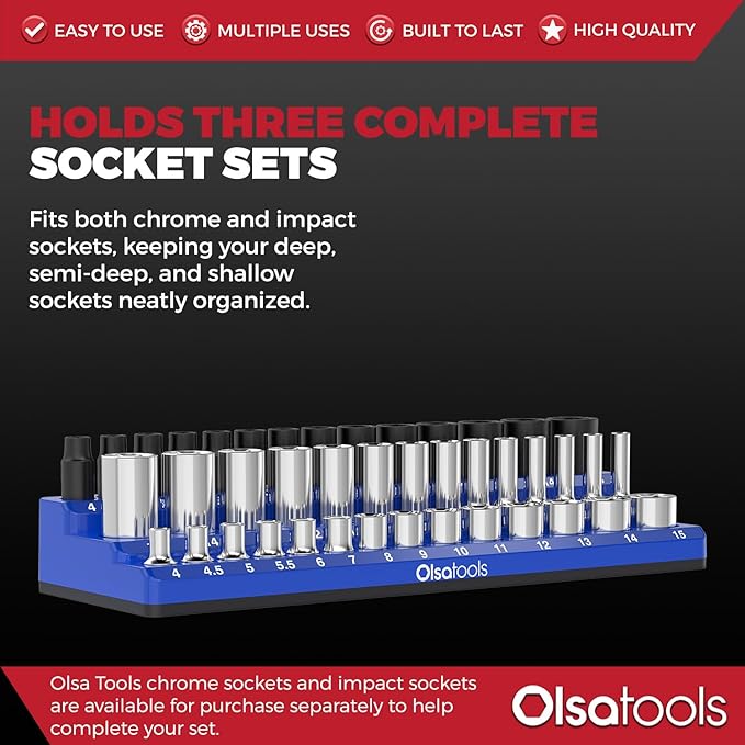 Olsa Tools Magnetic Socket Organizer (1/4-Inch Drive, 3 Row) - Magnetic Tool Organizer & Holder - Metric Blue - Holds 42 Sockets - Professional Grade - Part: 1554