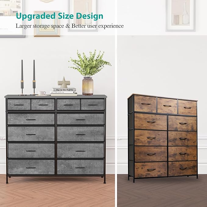 Gray Dresser for Bedroom with 12 Deep Drawers, Wide Chest of Drawers, 55" Wood Top TV Stand, Tall Fabric Storage Cabinet for Closet, Nursery, Kid's Room