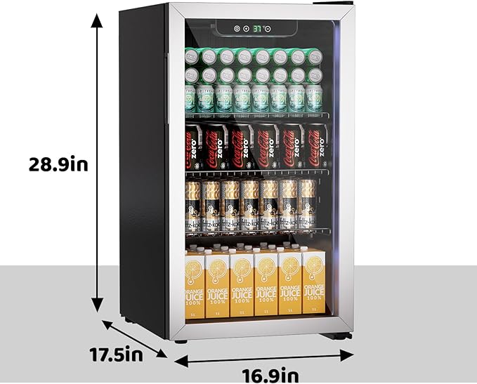 3.0 Cu.ft Beverage Refrigerator Cooler, 105 Can Mini Fridge with Glass Door, Digital Temperature Display for Soda, Beer or Wine For Office Bar with Adjustable Removable Shelves