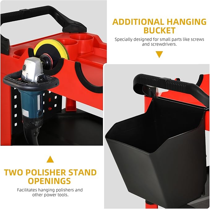 DWVO Auto Detailing Cart with Wheels, 3-Tier Rolling Tool Organizer with 2 Polisher Brackets, 17" D x 32" W Car Wash Utility Cart with Hooks & Hanging Bucket for Garage, Workshop, DIY Home