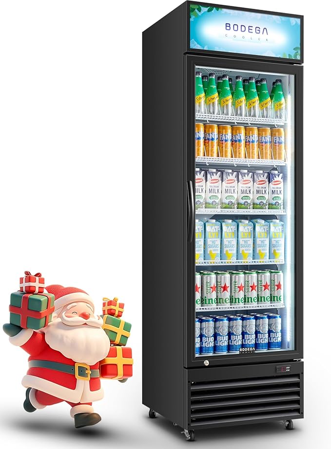 BODEGACOOLER Commercial Merchandiser Refrigerator, 15.5Cu. Ft Glass Door Upright Display Fridge, Beverage Refrigerator Cooler with LED Light, 4 Strong Castors for Stores, Restaurant, Office(Black)
