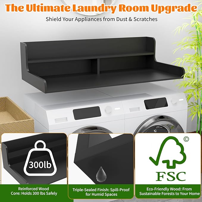 2-Tier Washer Dryer Countertop, Wood Laundry Countertop with Edge, 54" x 27.5" Top Cover for Laundry Machine, Washer and Dryer Wood Shelf Topper for Laundry Room Counter Storage Organization, Black