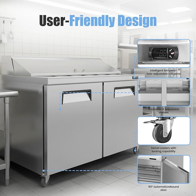 48" W Commercial Refrigerator Sandwich Salad Prep Table, Stainless Steel 2-Door Sandwich Prep Table Refrigerator, Counter Fan Cooling Refrigerator with 18 Pans for Restaurant, Bar