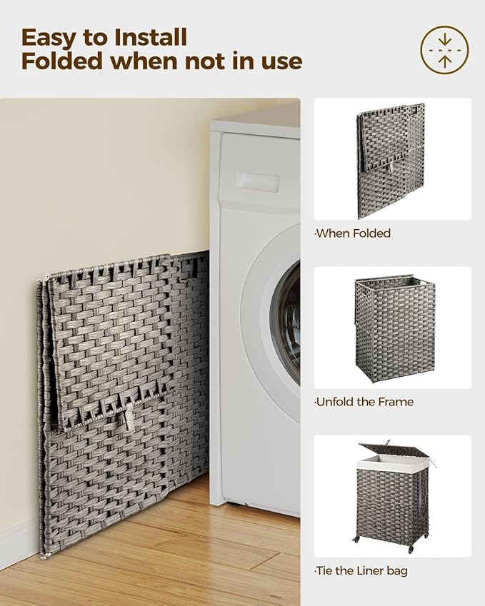 Greenstell Laundry Hamper with Wheels, No Install Needed, 90L Divided Handwoven Hampers & 2 Removable Liner Bags, Rattan Clothes Laundry Basket with Lid & Handles, Foldable Hampers Gray 18x13x26.4 In