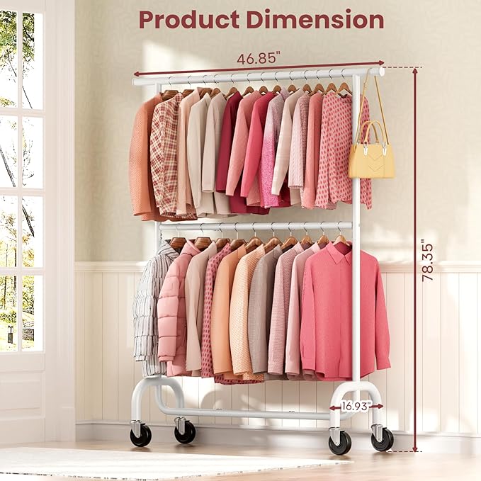 Heavy Duty Clothes Rack Load 600 LBS, Rolling Clothing Rack for Hanging Clothes with Lockable Wheels, Double Rod Garment Rack for Bedroom, Laundry, Living Room, White