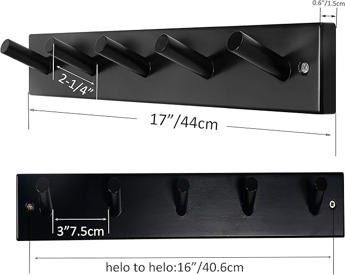 SKOLOO Wooden Wall Mounted Coat Rack,16'' Hole to Hole, 5 Pegs Bamboo Wall Hook for Hanging Clothes Robes Towels Hats,Black