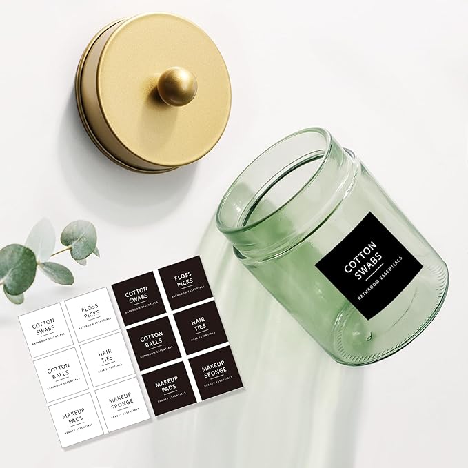 Amolliar Sage Green Glass Apothecary Jar, Qtip Holder Metal Lid & Stickers, Bathroom Qtip Holder Storage Canister, Farmhouse Decor for Cotton Balls, Swabs, Round Pads, Bath Salt, Floss, Gold 1 Pack