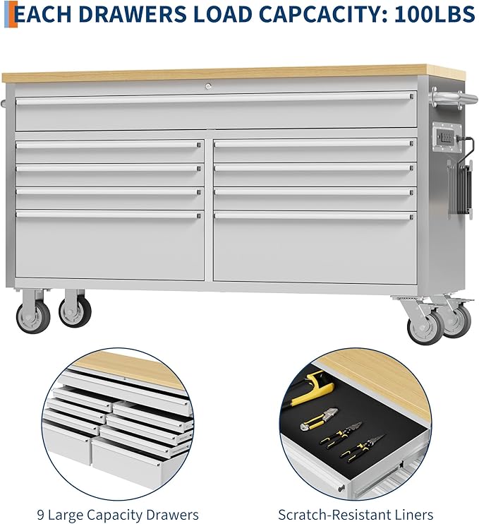 61 in Tool Chest, Tool Box Mobile 9 Drawers Storage Rolling Cabinet with Wheels Lock Key Locking System Drawer Liners for Garage Warehouse Repair Shop