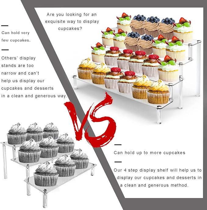 ULENDIS Acrylic Stands for Display, 4 Tier Clear Display Stand Risers Shelf for Cupcakes Perfumes Figurines, Tabletop Cupcake Stand for Decorating & Organizing (16" x 12.4" x 7.7")