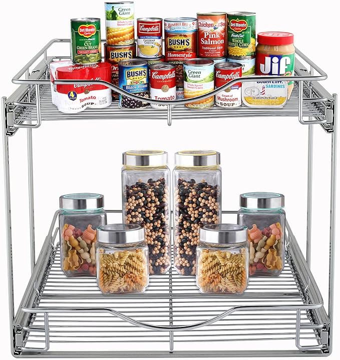 DINDON 2 Tier Pull Out Cabinet Organizer (14" W X 18" D), Double Tier Wire Basket Slide Out Shelf Storage for Kitchen Base Cabinet Organization for Kitchen, Pantry, Bathroom, Chrome