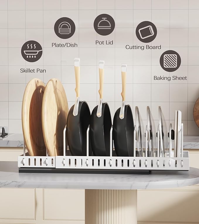 Pull Out Pots and Pans Organizer Under Cabinet, Expandable Sliding Lid Holder and Pan Rack for Kitchen, Slide Out inside Cabinet for Pot Lid, Bakeware, Dishes, 10 Adjustable Dividers, 1 Pack White