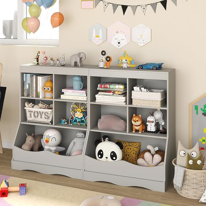 Storage Organizer, Small Bookcase w/ 4 Open Cubes & 1 Bottom Compartment, Anti-Tipping Device, Foot Pads, Low Cube Bookshelf for Bedroom, Living Room, Playroom, Study, Small Spaces (Gray)