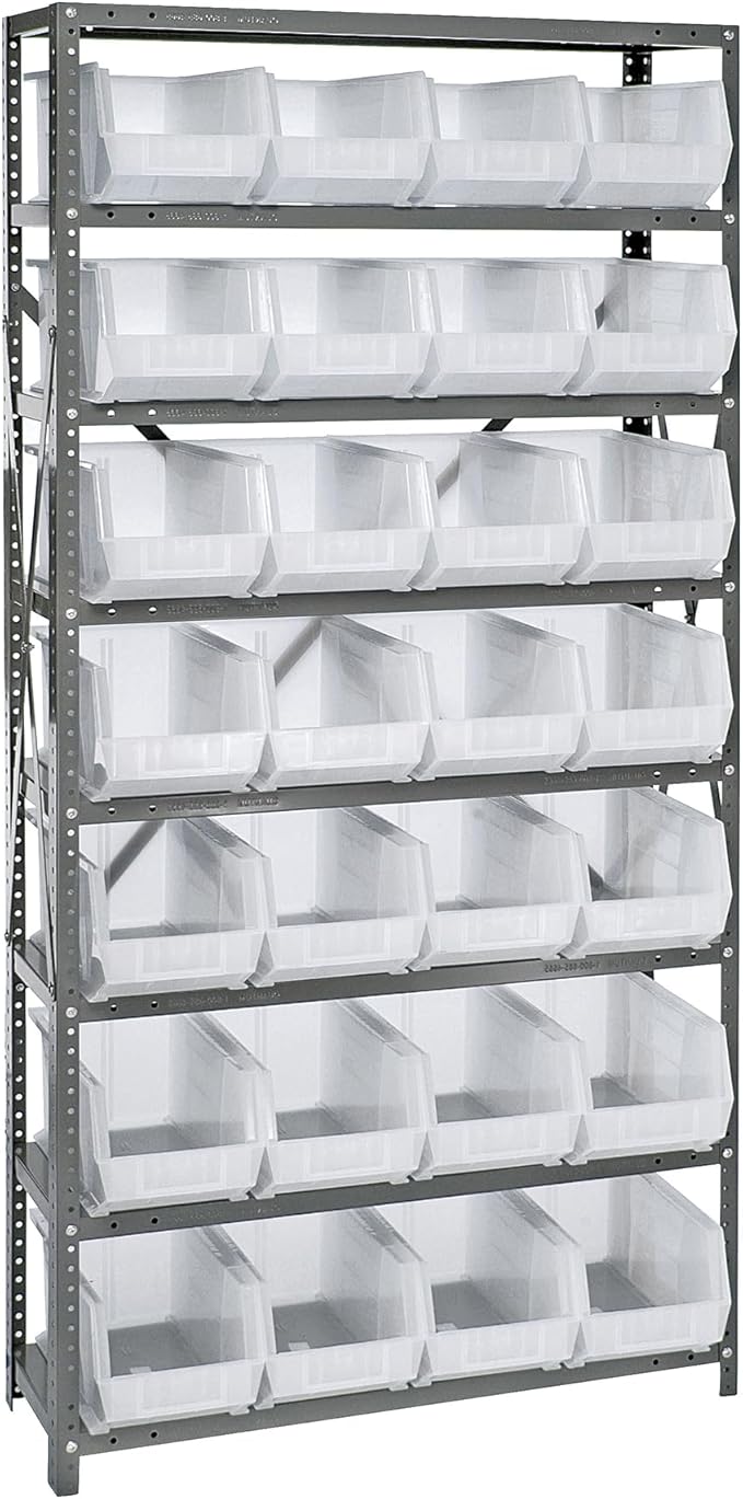 Quantum Storage Systems QSBU-240CL Giant Open Hopper Steel Shelving System, 12" D x 36" W x 75" H, with 8 Shelves and 28 QU240 Bins, Clear