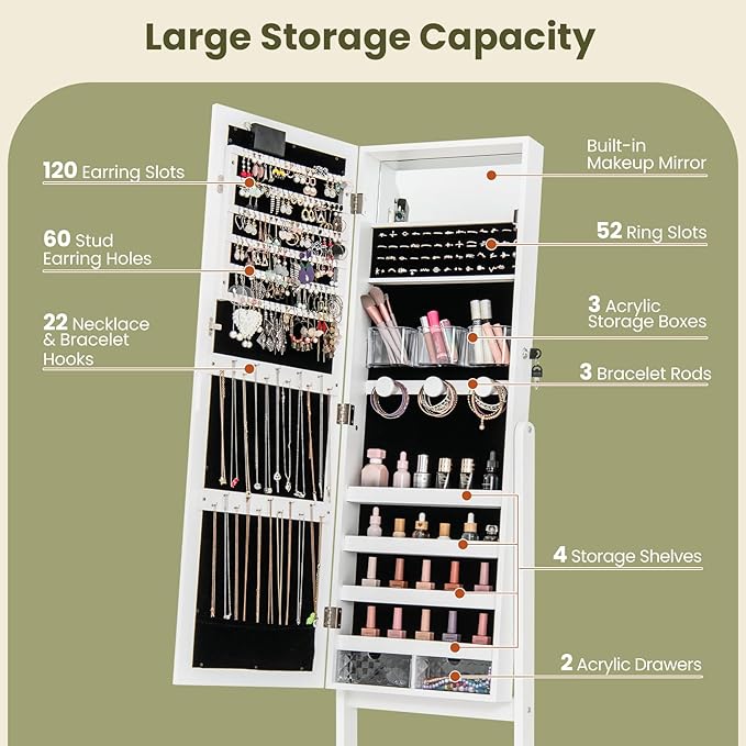 Giantex Standing Jewelry Armoire with Lighted Full Length Mirror, Lockable Jewelry Cabinet Organizer with 20 LED Lights, Adjustable Tilt, Large Storage for Earrings, Rings, Necklaces, White