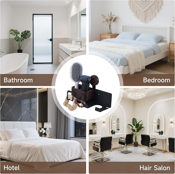 Hair Dryer Holder Wall Mount with Suction Cup, No-Drill Metal Blow Dryer Holder, Hair Accessories Tools Organizer Rack with 2 Toothbrush Hanger & Shelf, Walnut Finish for Bathroom