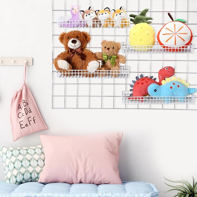 Blulu 4 Pcs 15.75 x 5.91 x 1.97 Inch Metal Grid Wall Baskets with Hooks Grid Wall Shelves Hanging Wire Basket Multi Function Storage Organizer for Kitchen Organizing Display (White)
