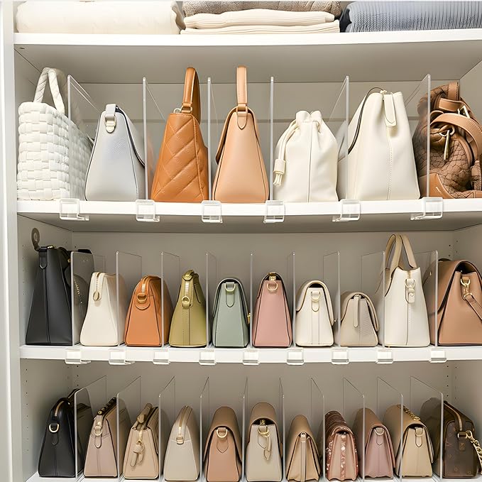 Purse Organizer for Closet Shelf Dividers: 12-Pack Adjustable Clear Acrylic Bag Storage Organizer for Handbags, Sweaters, Towels, Jeans and Shoes on Wood Shelves
