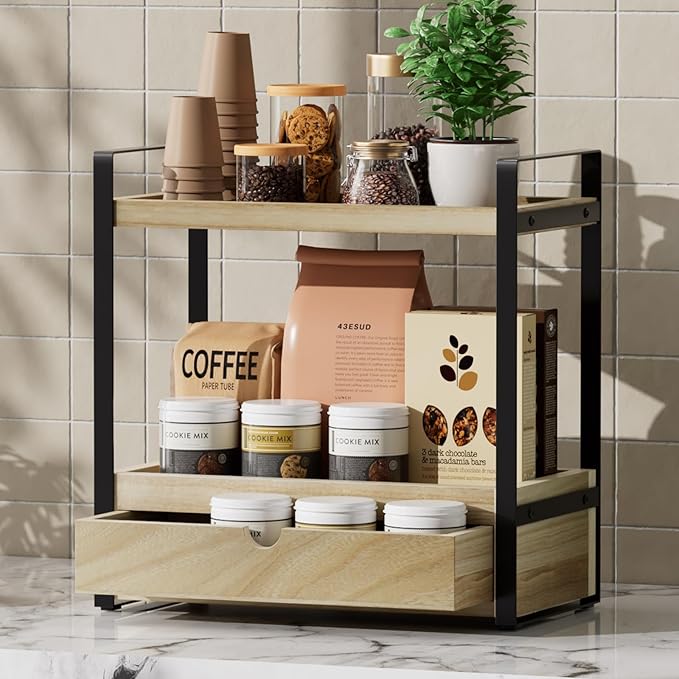 2-Tier Bathroom Organizer Countertop with Drawer, Wood Bathroom Counter Shelf for Storage, Vanity Organizer Countertop for Kitchen, Office
