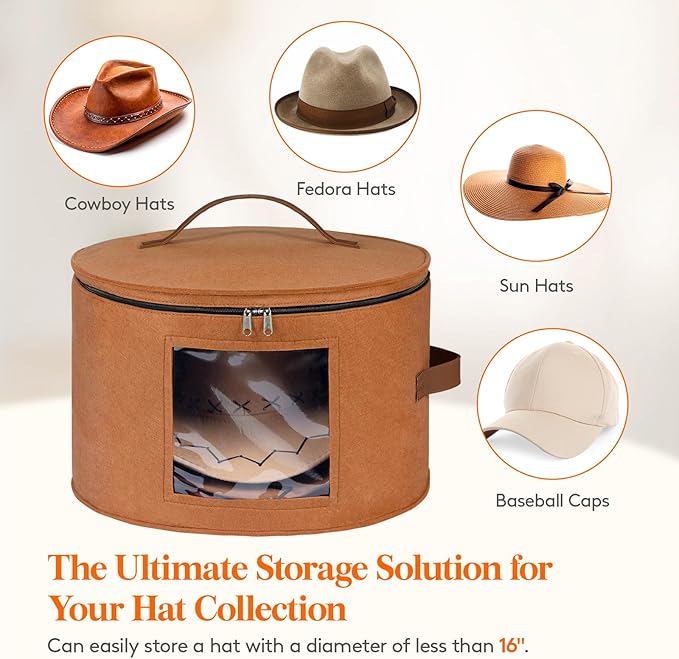 Lifewit Round Cowboy Hat Box for 7 Caps, Large Felt Hat Organizer Bag for Men & Women Storage, Baseball Cap Container with Dustproof Lid for Travel, Foldable 16.5" D x 10.6" H Carrier, 2 Pack, Brown
