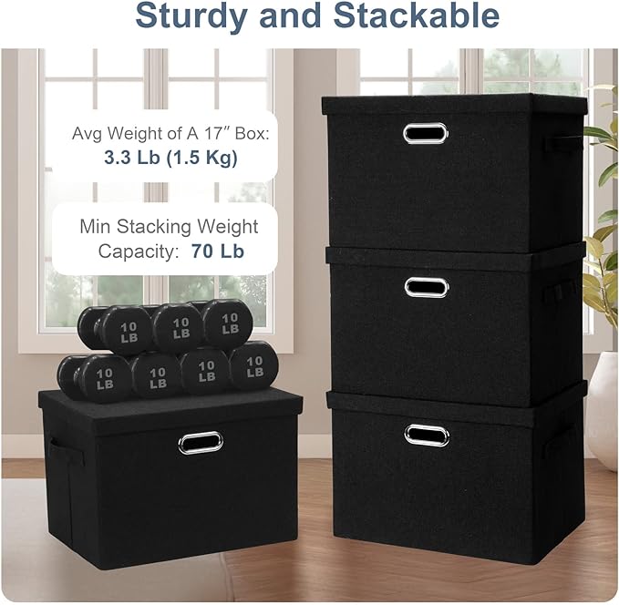 Large 17" 36 Quart Collapsible Stackable Storage Bins with Lids, 3 Packs Black Linen Fabric Closet Boxes with Lids, Storage Cube Baskets Container Organizers for Bedroom Office(17 x12 x11)