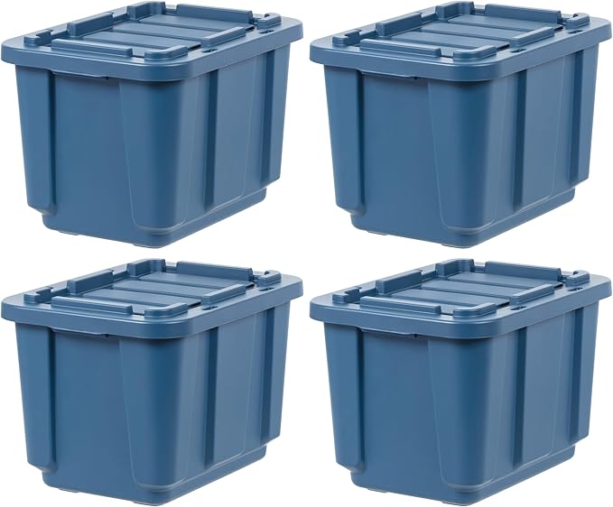 IRIS USA 12 Gallon Eco-Friendly Heavy Duty Truck Bed Toolbox Storage Tote Bins with Lids, 4 Pack - Made in USA, Tough Snap On Lockable Lid Stackable Industrial Rugged Tubs, Garage Organization - Navy