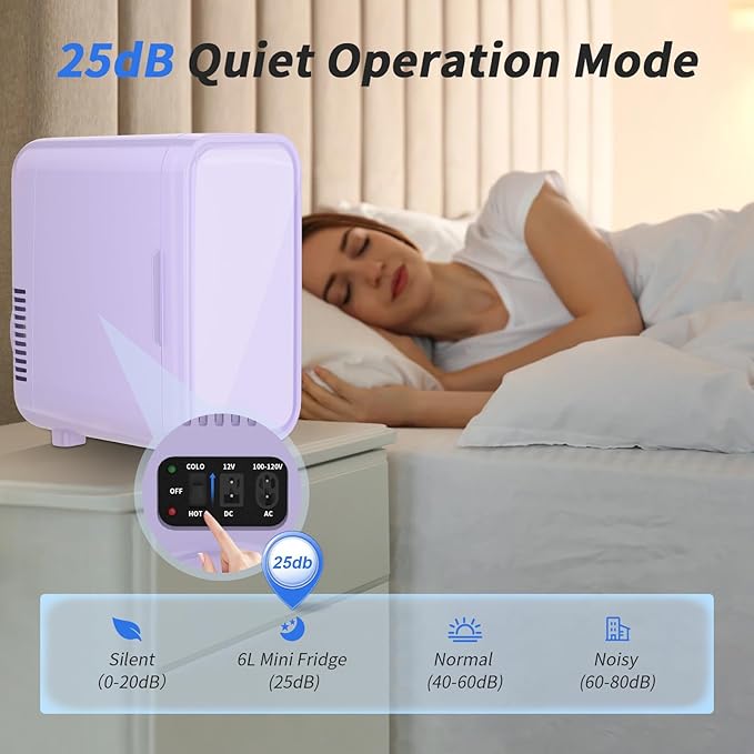 Mini Fridge, 6 Liter/8 Can 110V AC/DC Portable Thermoelectric Cooler Refrigerators for Bedroom, Skincare, Beverage, Office, Dorm Room and Car, Purple