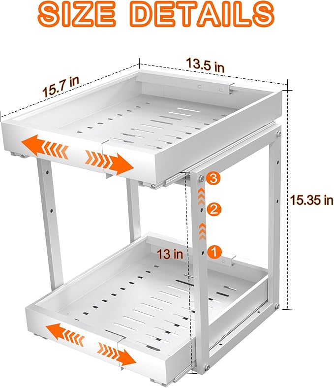 Golener 2-Tier Expandable Pull Out Cabinet Organizer - Slide Out Drawers for Kitchen Cabinets, Bathroom Organizers and Storage, Under Sink Organizer for Kitchen Storage Organization, White Metal Frame