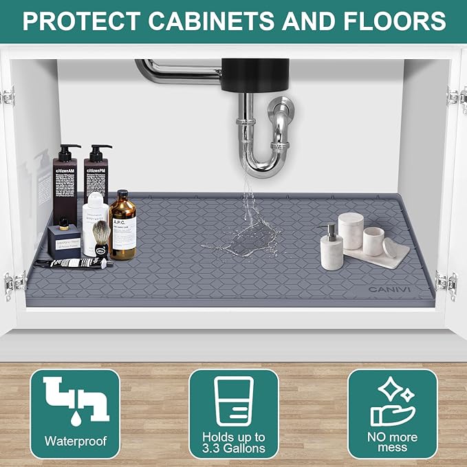 Under Sink Mat, 34" x 22" Waterproof Silicone Under Sink Tray for Kitchen & Laundry Cabinets, Kitchen Cabinet Shelf Protector, Up to 3.3 Gallons Liquid, Fits 36 inch Standard Cabinet(Grey)