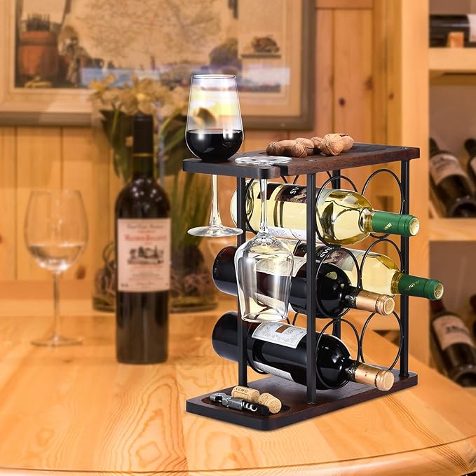 ALLCENER Wine Rack with Glass Holder, Countertop Wine Rack, Wooden Wine Holder with Tray, Perfect for Home Decor & Kitchen Storage Rack etc (Hold 6 Bottles and 2 Glasses)