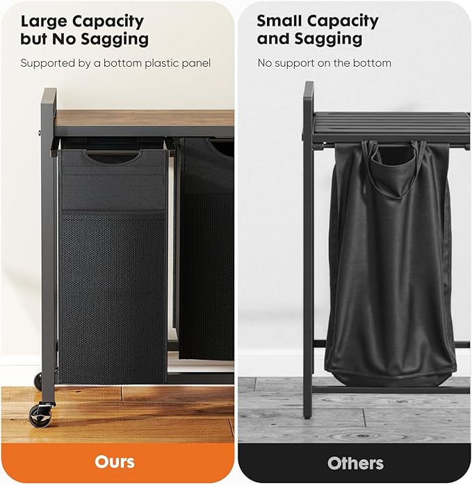 Sweetcrispy Laundry Hamper with 2 Pull-Out Removable Sorter Bags, Movable Wheels, Freestanding Clothes Basket Organizer in Bathroom, 2 × 13.1Gal (99L) Capacity, Rustic Brown and Black