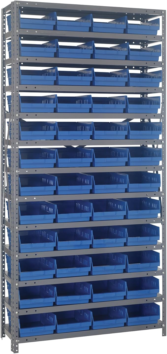 Quantum Storage Systems 1875-108BL Steel Shelving Unit with 4" Shelf Bins, 18" D x 36" W x 75" H, Blue