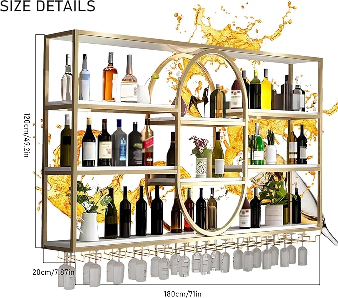 Large Wall Mount Wine Rack, Metal 4 Tier Large Capacity Hanging Bar Rack with Wine Glass Holder, Oval Wine Bottle Storage Display Rack for Kitchen, Living Room, Home (Gold, 180cm/71in)