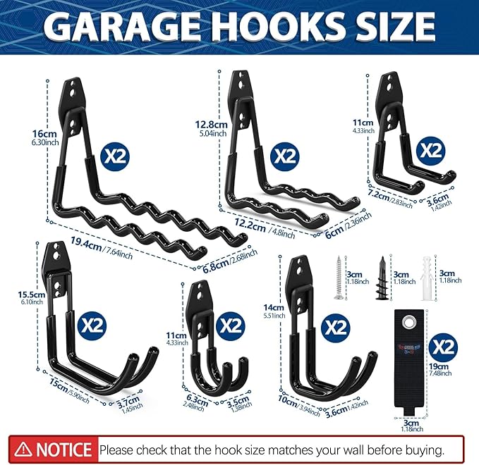 3-H Garage Wall Hooks 42 Pack, Heavy Duty Garage Hooks with Extra Welding Spots, Wall Mount Storage Organizer for Hanging Garden Lawn Tools, Ladder, Bike, WeedEater, Chair, Shovel, Blower (Black)