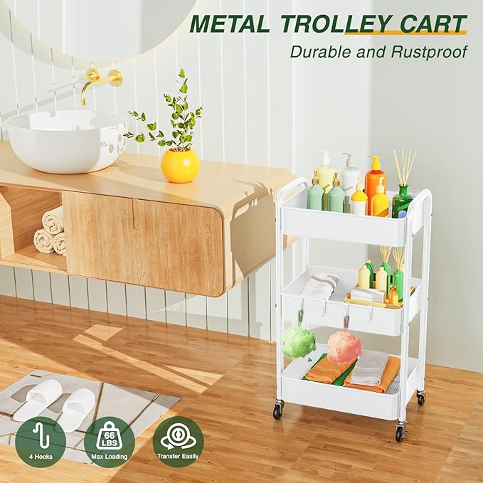 LEHOM 3 Tier Rolling Utility Cart, Metal Trolley Cart with Wheels, Hooks, Easy Assembly Organizer Storage Cart for Bathroom, Kitchen, Office, Bedroom(White)