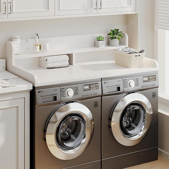 2-Tier Washer Dryer Countertop with 2.75"H Edge Rails, 54" W x 27.55" D Laundry Countertop for Folding Clothes, Washer and Dryer Topper with Non-Slip Pad (White)