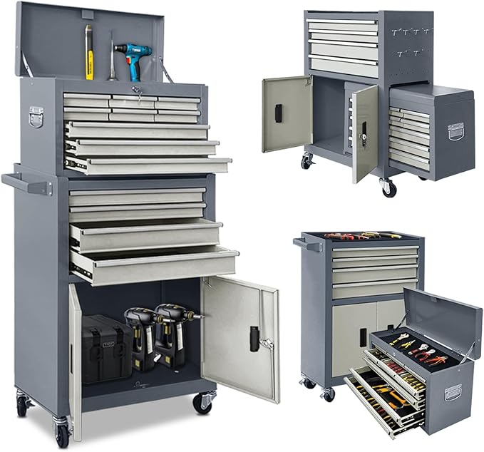 Tool Chest 13-Drawer with Double Door Handle,2 in 1 Detachable Rolling Tool Chests with Wheels and Drawers,Large Tool Box with Lock for Warehouse,Garage (Gray)