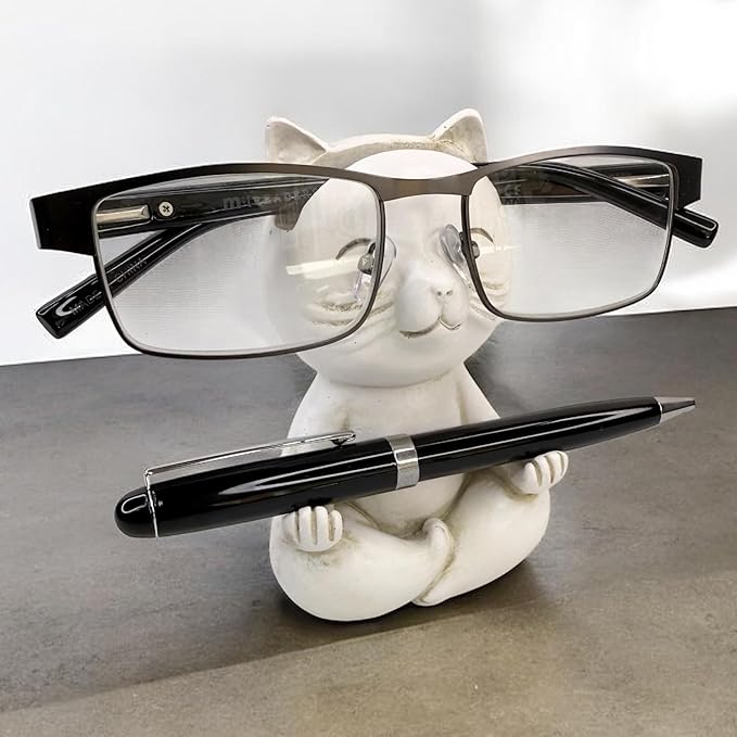 Top Brass Yoga Cat Eyeglasses & Pen Holder – Whimsical Reading Glasses Sunglasses Stand – Funny Desk Nightstand Glasses Keeper Rack Display – Meditating Zen Lotus Pose Figurine