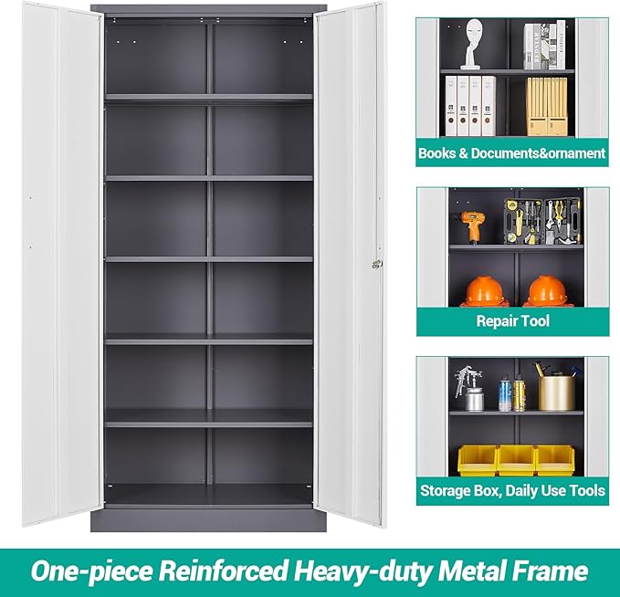 Wide & Deep Metal Storage Cabinet with 2 Doors and 5 Adjustable Shelves,72 inch Tall Locking Garage Storage Cabinet with Lock,Gray White Pantry Cabinets,Steel Cabinets for Home,Office,Garage 72x36x18