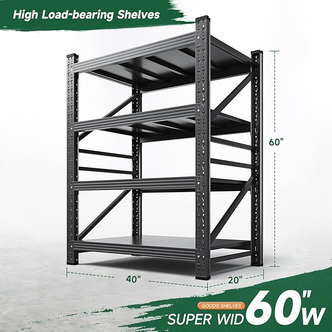 Letaya 2000LBS Storage Shelves Heavy Duty,60" H Garage Shelving Units, 4 Tier Adjustable Utility Rack Shelf,Large Metal Industrial Shelves,for Shop,Warehouse,Basement (40" W x 20" D x 60" H)