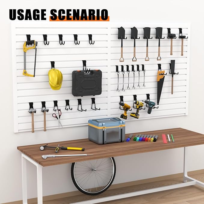 18-Pack Heavy-Duty Slatwall Hooks in Black, Firmly and Durable Garage Wall Organizer for Tools, Garden Equipment & Utility Storage, Garage Hooks for Hanging