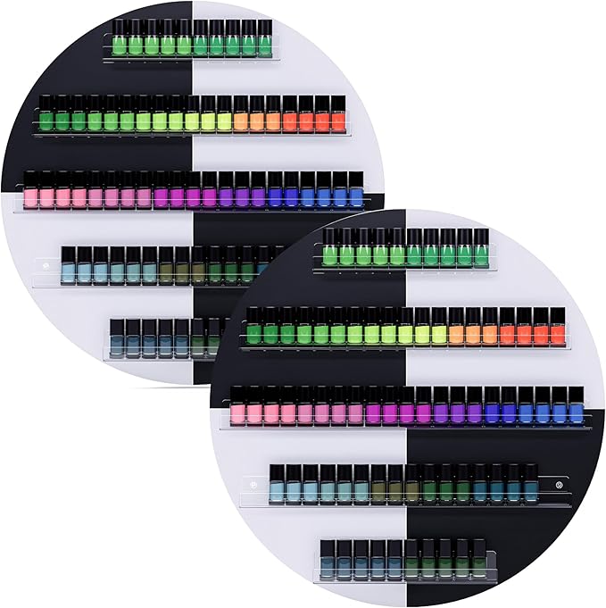 Wall Mount Nail Polish Organizer, 2 Packs Wood Nail Polish Rack w/Acrylic Barrier, 5-Tier Round Storage & Display Shelf, Perfume Essential Oil Bottles Holder, White & Black