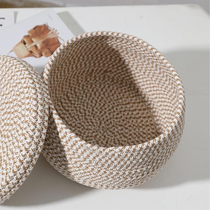 Rope Basket – Straw Woven 21x21x17cm | Round Cotton Rope Storage Basket With Lid Decorative Woven Bin | Lidded Organizer For Snacks Yarns Keys Toys Home Bedroom And Daily Use